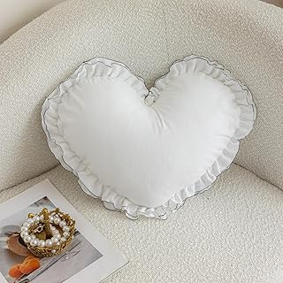 Heart Pillow White Heart Shaped Throw Pillows with Ruffle Love Aesthetic...