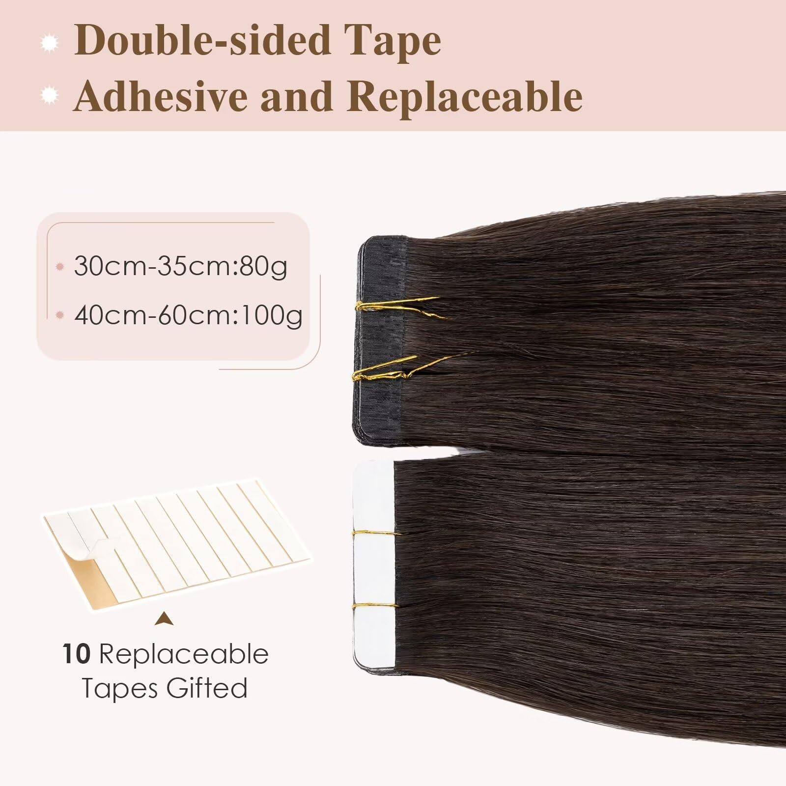 TESS Tape Extensions Echthaar 80g Dunkelbraun 40 pcs Remy Human Hair Echthaar Extensions Tape 35 cm Tape-Haarverlängerungen Glattes (35 cm-#2 Dunkelbraun)