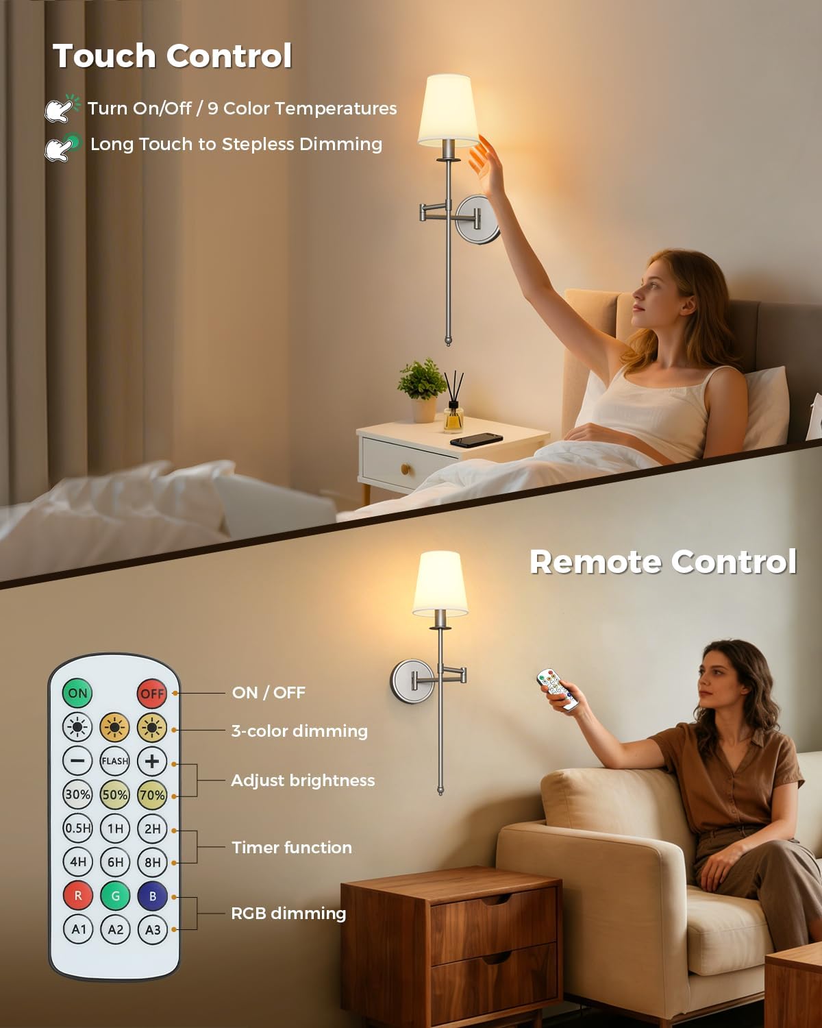 Joosenhouse Battery Operated Wall Sconces Set of 2, 24.8 Inch Brushed Nickel Wireless Dimmable Wall Lamp with Remote Control, Easy Install Wireless Lighting for Bedroom, Living Room, Hallway