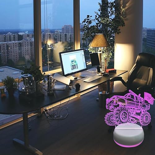 Miniatura 6 de Lámpara de noche con ilusión 3D Monster Car 3D, decoración de escritorio de noche, camión monstruo con base blanca, decoraciones geniales para