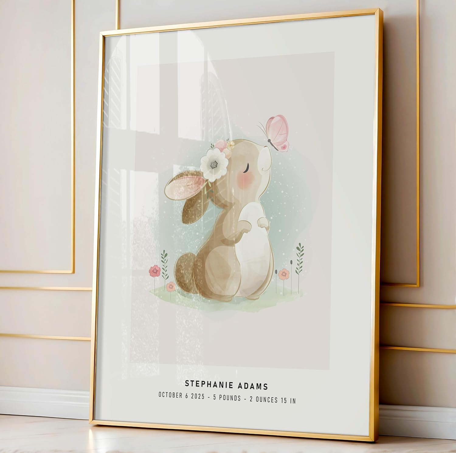 Poster Master Personalized Rabbit & Butterfly Print, Customized Newborn Profile Poster and Canvas, Nursery Art, Gift for Parents, Available in 8x10 to 30x40
