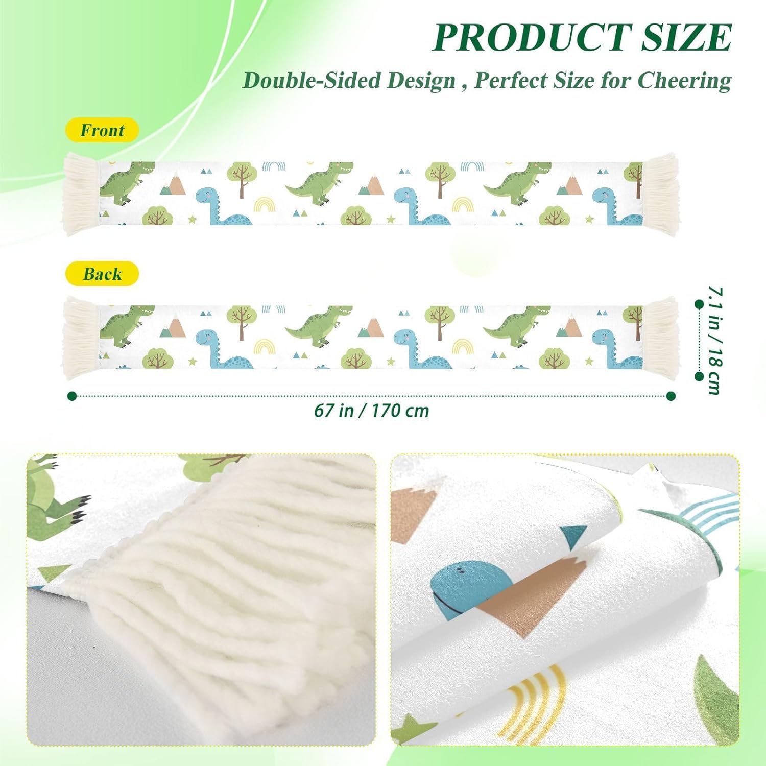 CHIFIGNO Cute Dinosaur Mountains White Sports Fan Scarf Towel, Soft Absorbent Polyester Scarf for Soccer Games, Quick Dry Cheering Banner