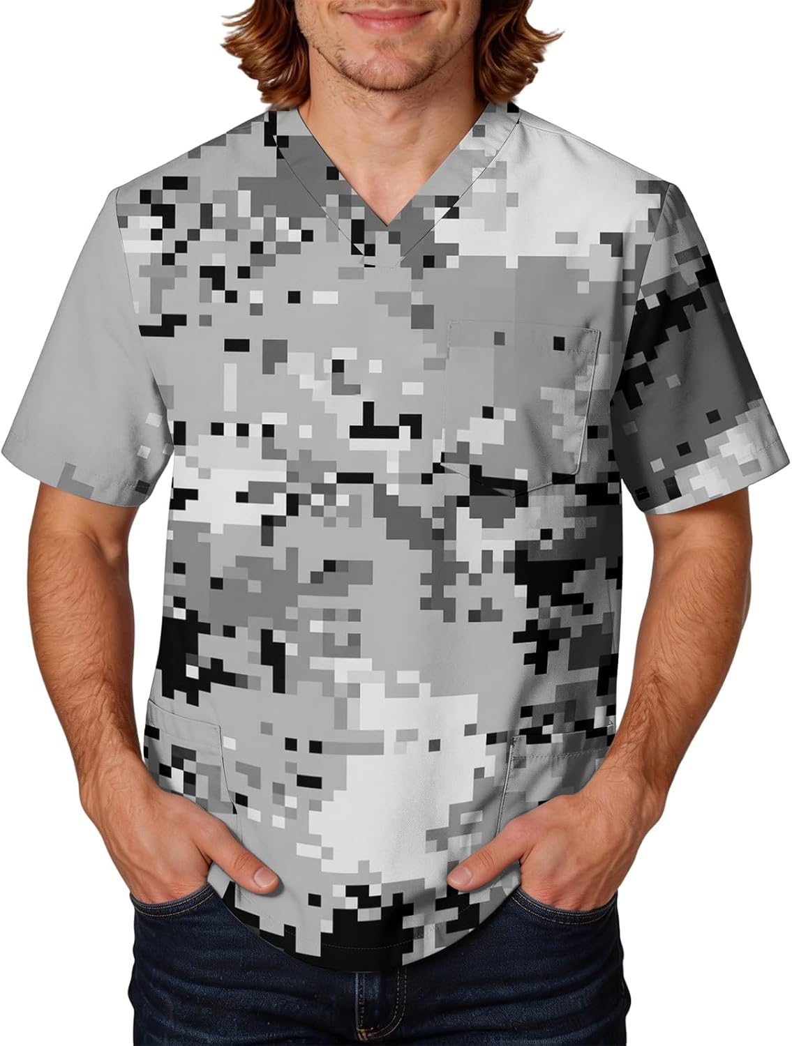 RTRDE Men's Work Shirts Short Sleeve Camo Uniform Scrub Top with Pockets, S-5XL