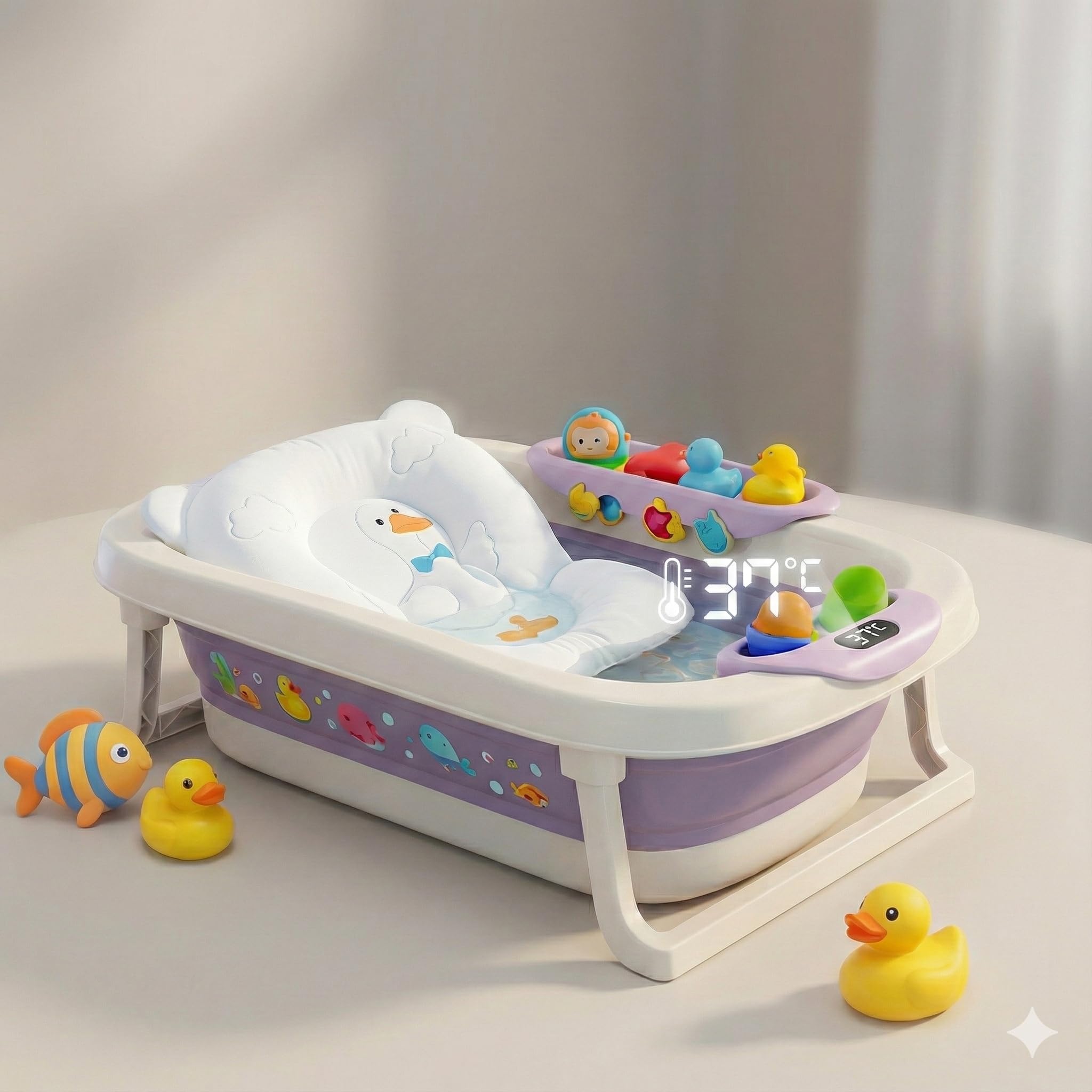 Baby Bath Tub | Extra Large Size | 0-5 Years | Temperature Sensor, Cute Duck Cushion, Foldable, Fast Drainage, Space Saving, Fold to dry, For Girls & Boys | Portable | Mini Swimming Pool | Purple-image-9