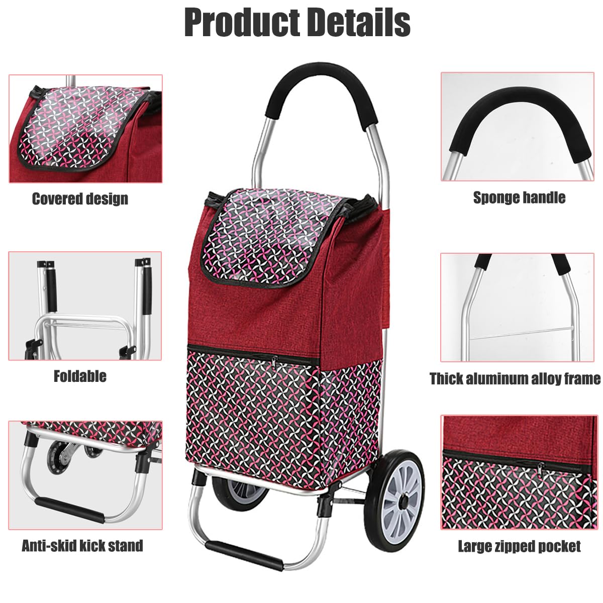 Einkaufstrolley - Ziehwagen zum Einkaufen mit Einkaufstasche | 35 Liter Shopping Trolley - Einkaufswagen mit großen Rollen für Treppensteiger | Transportwagen mit Abnehmbarer Tasche (Red)