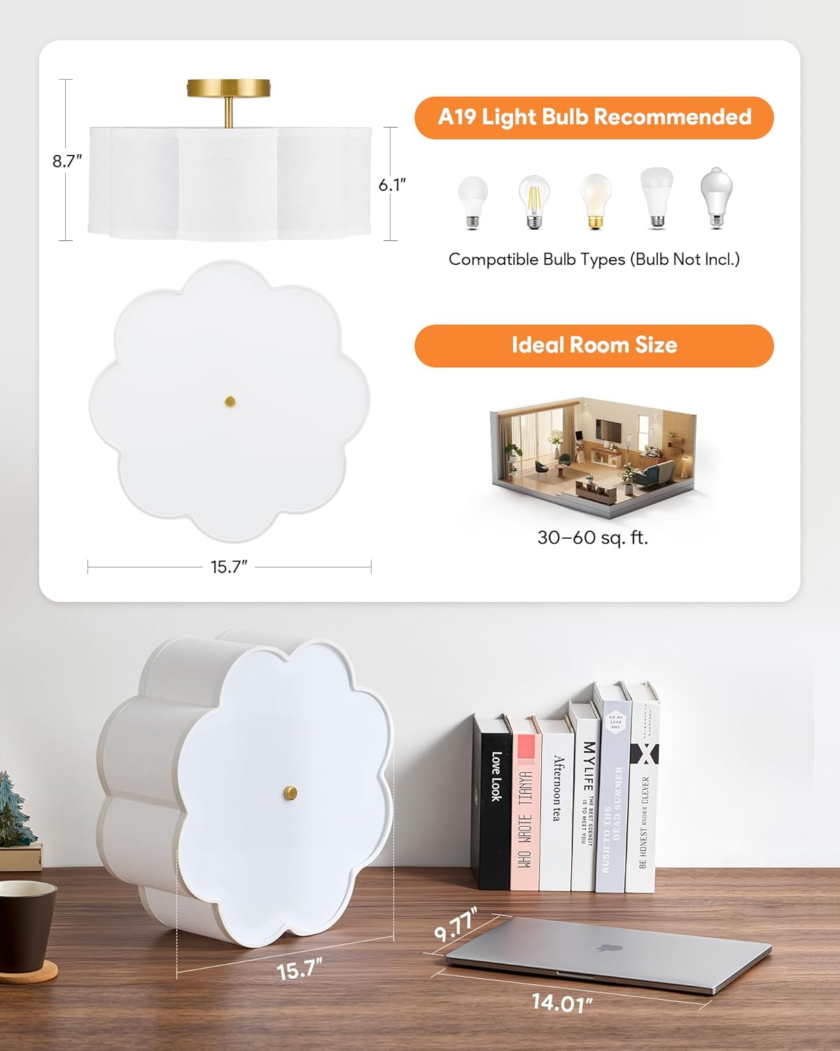 VONLUCE Semi-Flush Mount Ceiling Light, 15.7" Modern 3-Light Ceiling Light Fixture with White Petal-Shaped Shade 3 E26 Sockets for Bedroom Entryway Living Room, Gold Finish, ETL Certificated