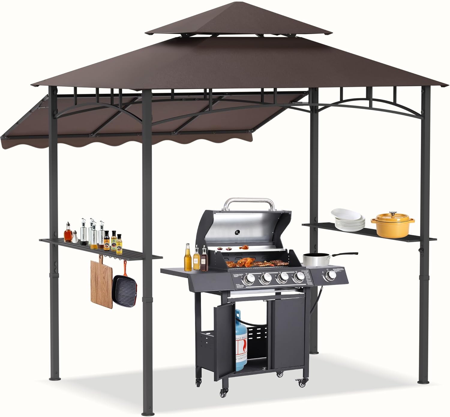 8x8x5 FT BBQ Grill Gazebo Outdoor, Double Tired Patio Canopy Tent with Side Awning Shelves, Barbecue Shelter with 14 Hooks and Bottle Opener for Backyard Garden Poolside, Brown