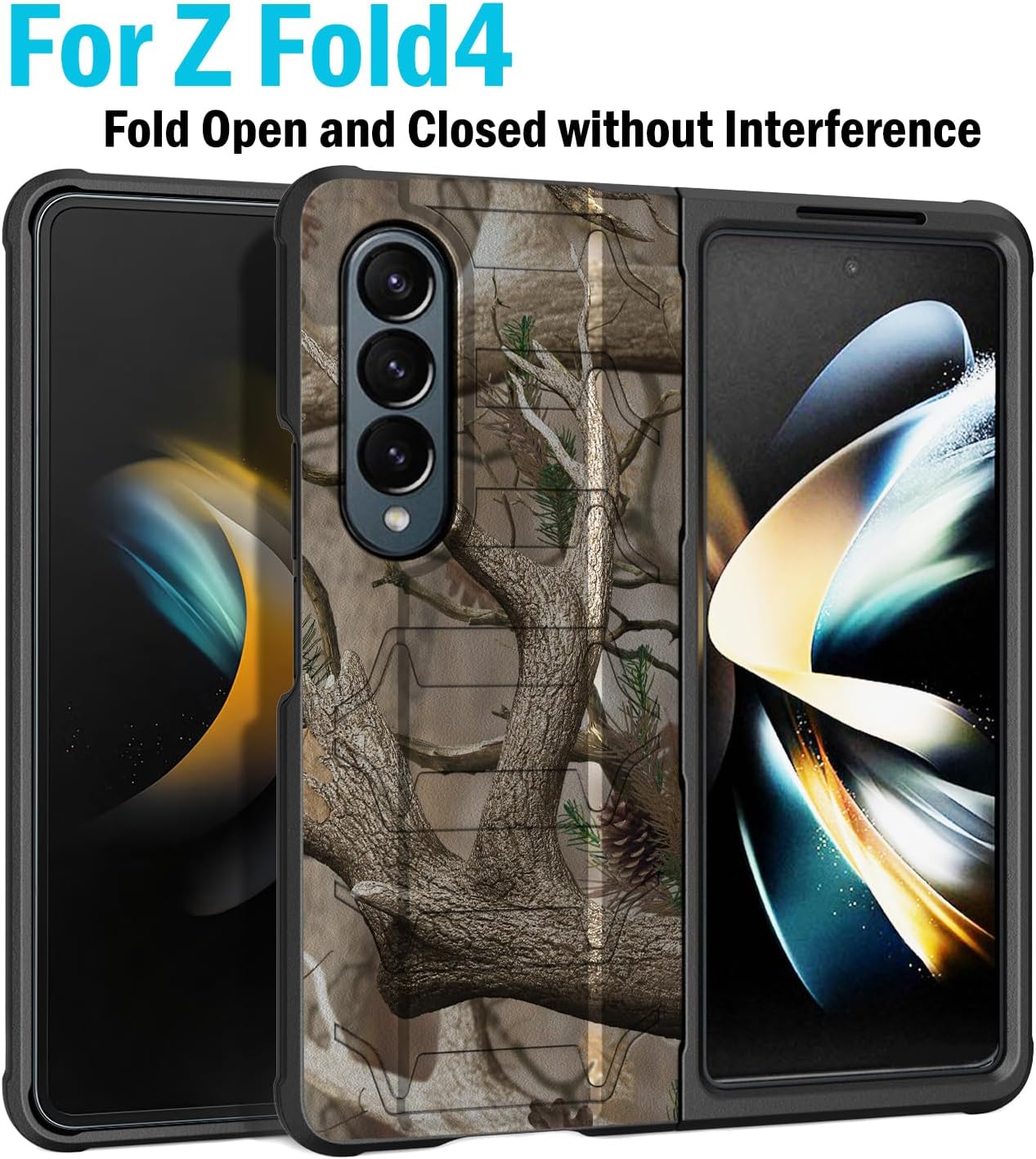 Nakedcellphone Case with Clip and S Pen Slot for Galaxy Z Fold 4 5G, Tactical Cover and Belt Hip Holster View Stand Combo for Samsung Z Fold4 Phone (SM-F936U, 2022) - Outdoor Camo Tree Real Woods