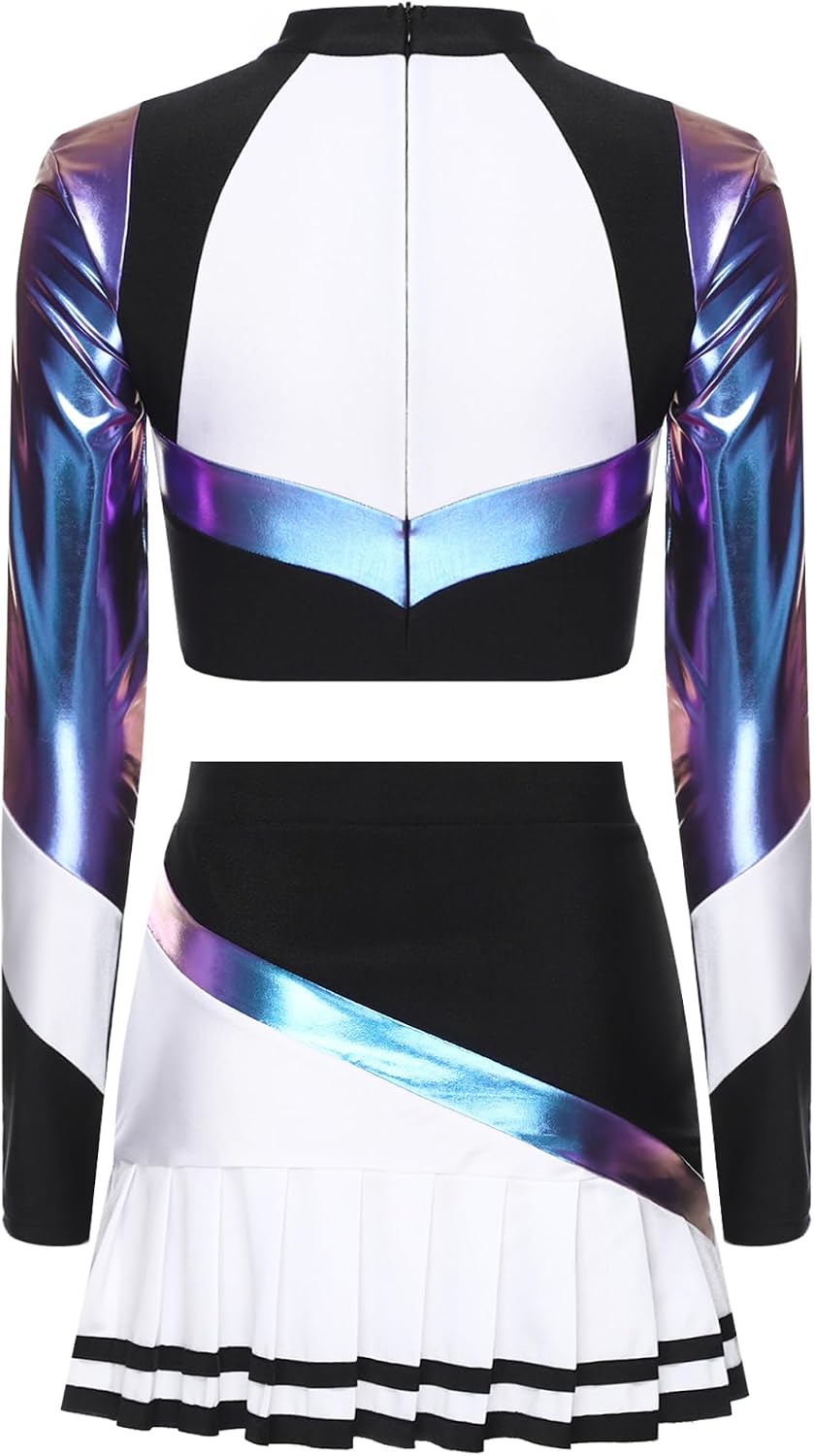 Womens Cheerleading Uniform 2 Piece Outfits Long Sleeve Crop Top with Mini Skirt Dancewear
