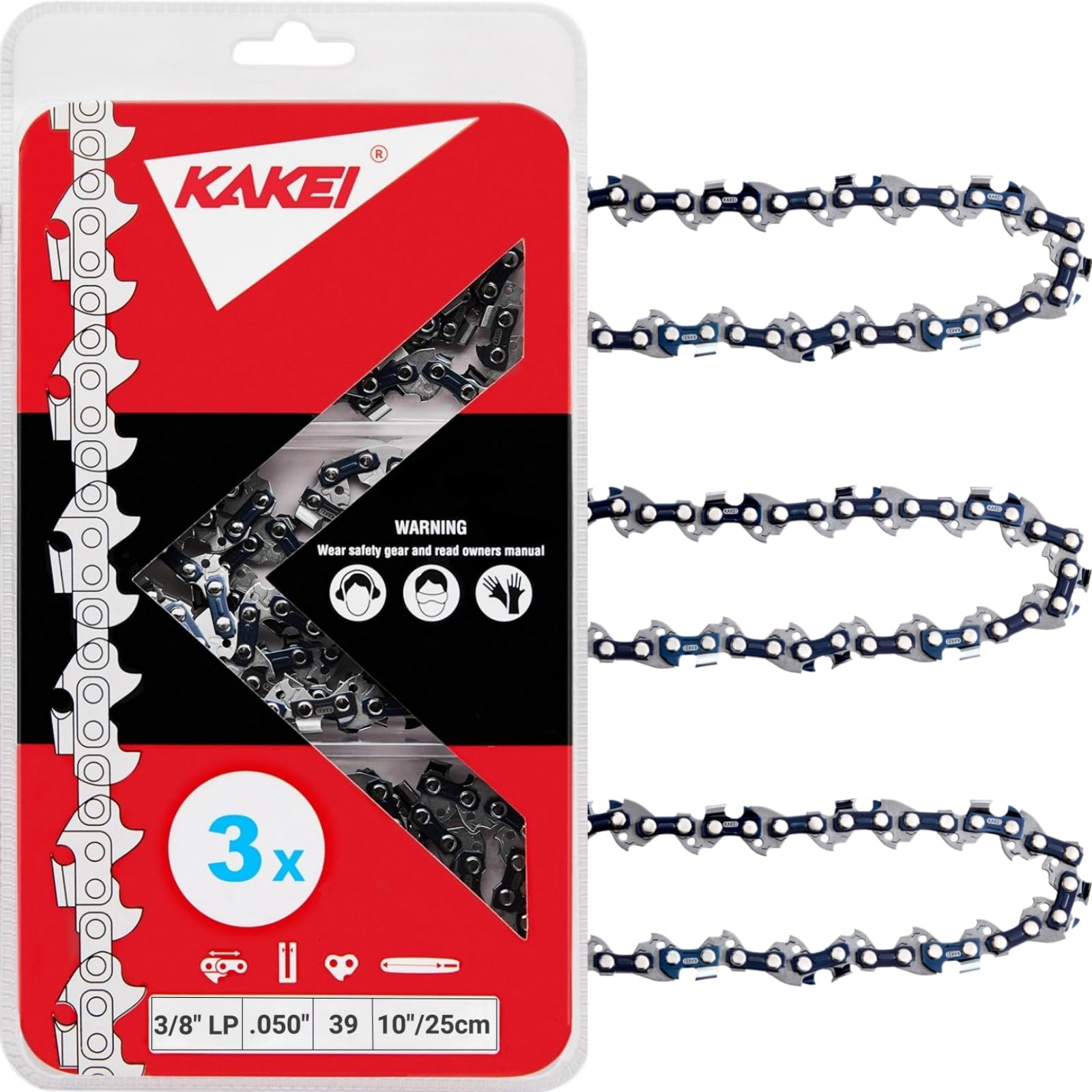 KAKEI 10 Inch Chainsaw Chain 3/8" LP Pitch, 050" Gauge, 39 Drive Links (3 Chains)