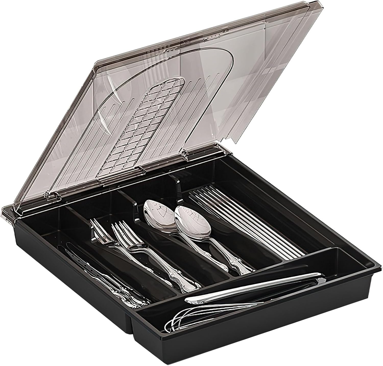 Covered Silverware Organizer for Kitchen Drawer and Countertop, 5-Compartment Cutlery Storage Box for Spoons, Forks, Knives (Black)