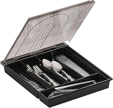 Covered Silverware Organizer for Kitchen Drawer and Countertop, 5-Compartment Cutlery Storage Box for Spoons, Forks, Knives Black