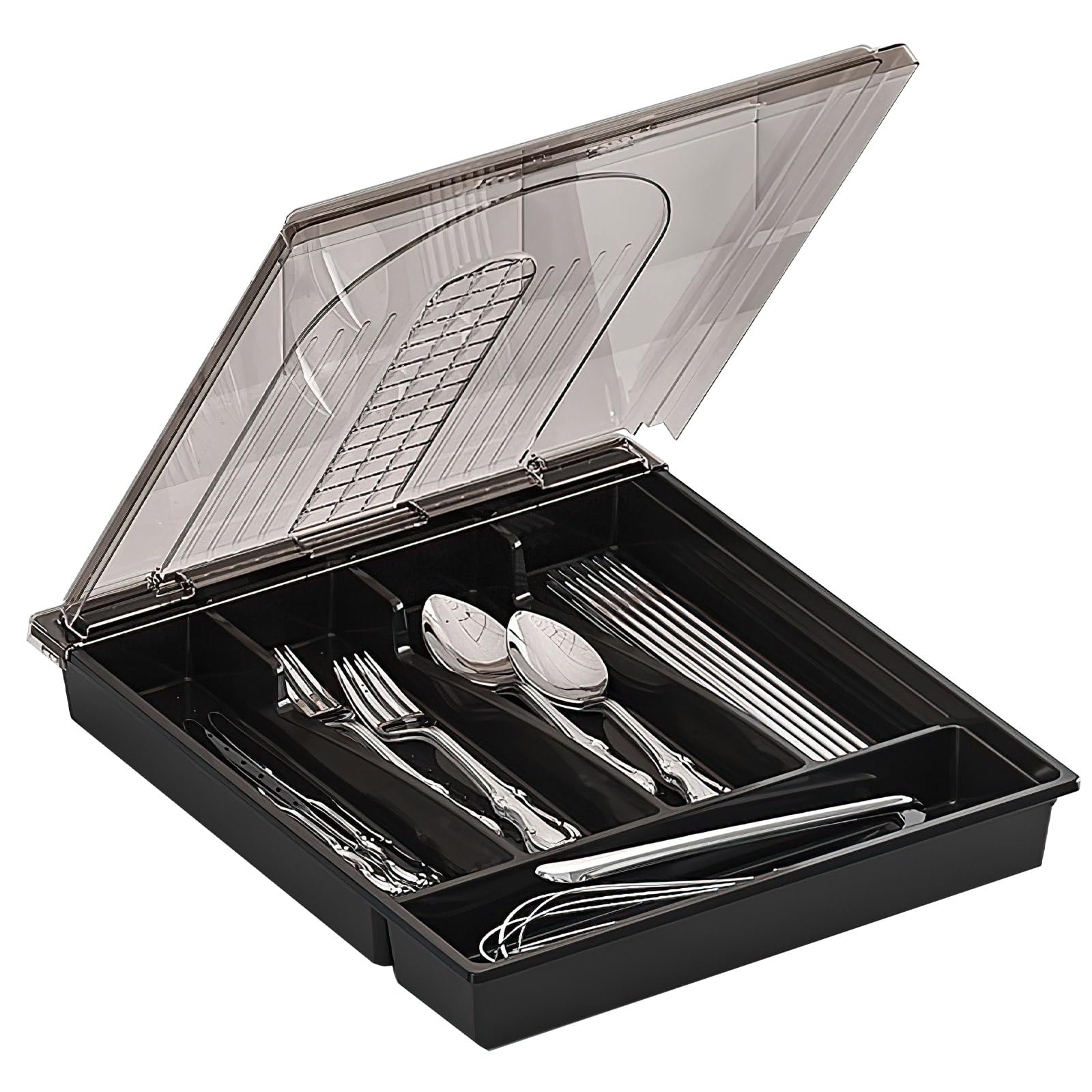 Covra Black Covered Silverware Organizer For Kitchen Drawer And Countertop, 5-Compartment Cutlery Storage Box For Spoons, Forks, Knives (Black)
