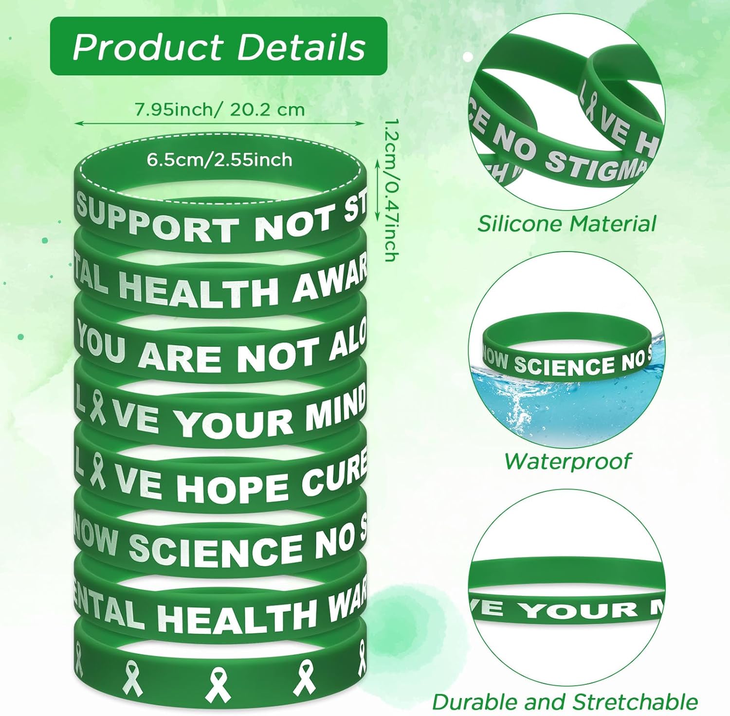Inbagi 200 Pcs Mental Health Awareness Bracelet Green Awareness Ribbon Silicone Bracelets Hope Motivational Mental Health Awareness Wristband Mental Health Awareness Month Gifts Bulk for Women Men