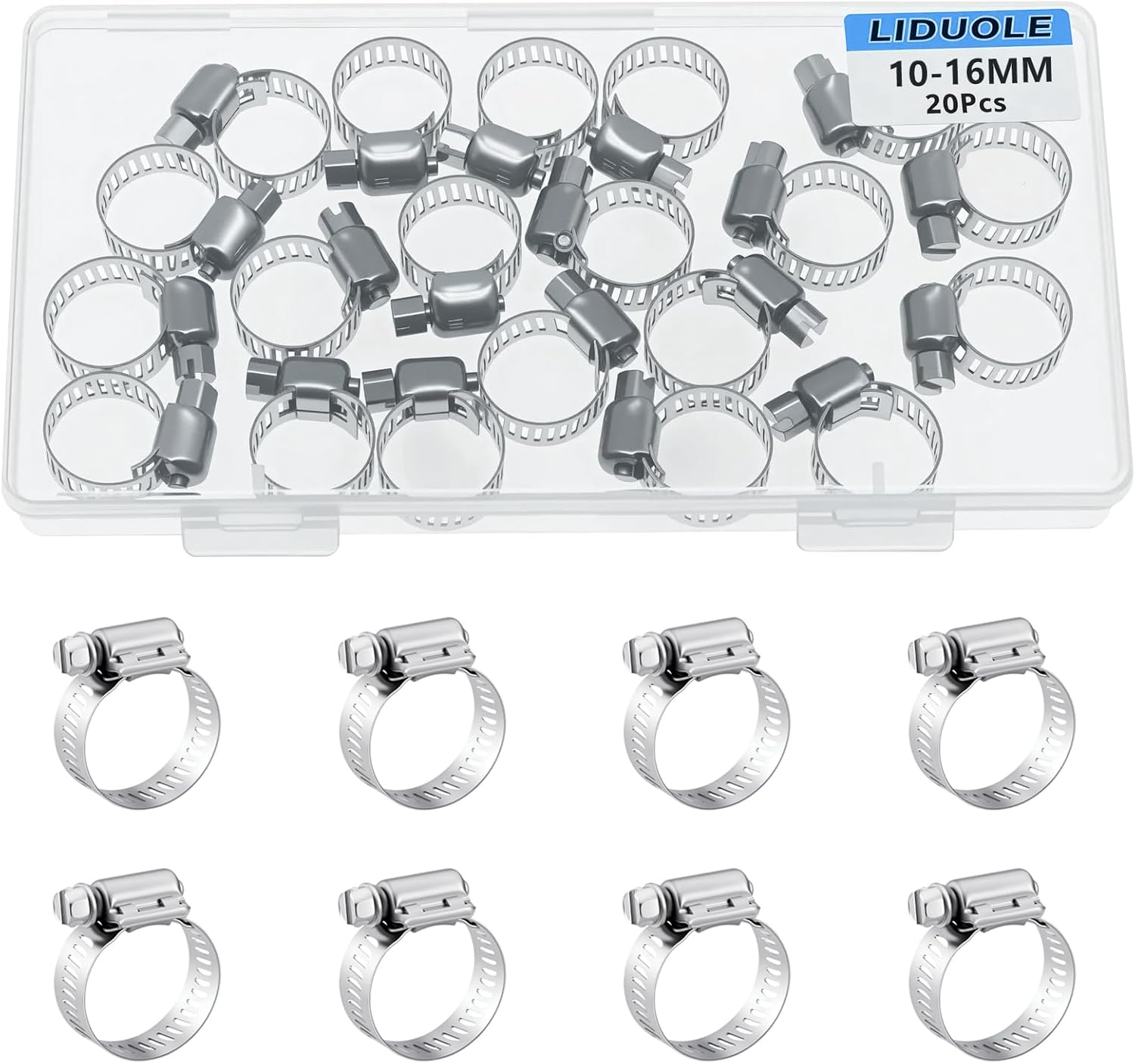 3/8-5/8 Inch Hose Clamp Stainless Steel Worm Gear Adjustable Hose Clamps 10-16MM Metal Hoseclamp for Radiator Automotive Pipe Fuel Line (Pack of 20Pcs)