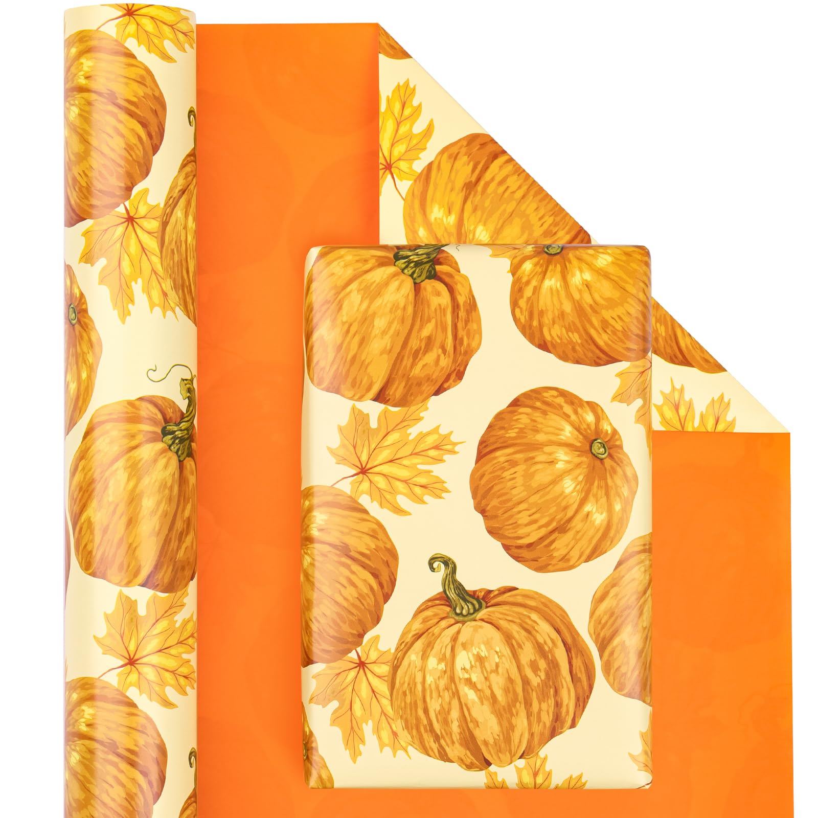 RUSPEPA Reversible Wrapping Paper - Mini Roll - 43.2cm x 10m - Pumpkin and Maple Leaves Print Design for Birthday, Holiday, Baby Shower