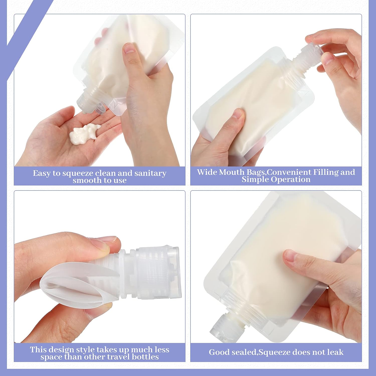 32 Pieces 50ml Travel Size Refillable Empty Pouch Leakproof Cosmetic Containers TSA Approved Stand Up Pouch Lotion Shampoo Shower Gel Squeezable Bags and 6 Pieces Stickers for Toiletry : Beauty & Personal Care