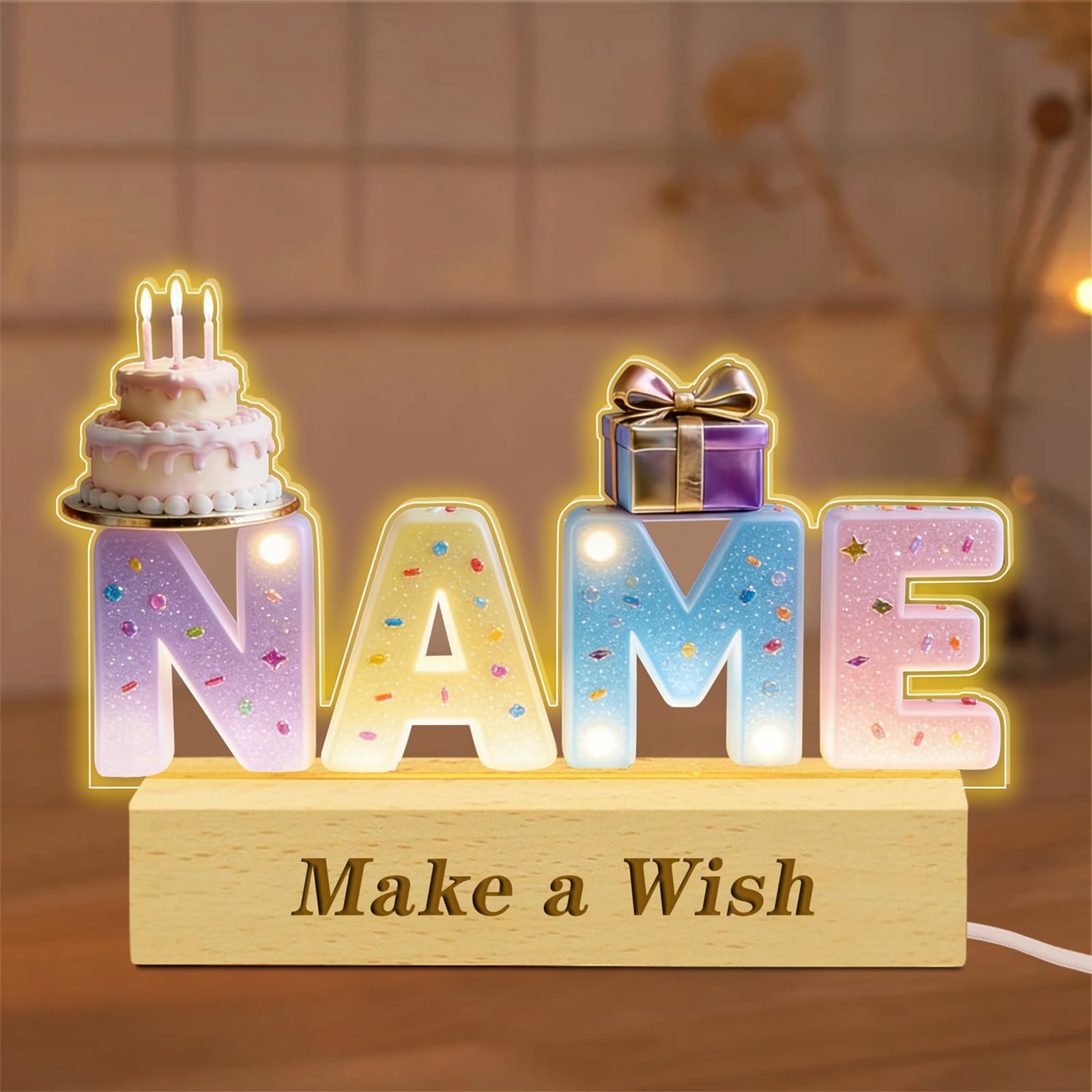 Personalized Name Letter LED Night Light Custom 2D Printing Birthday Cake and Present Box Desktop Acrylic Frame Light Sign Birthday Christmas Anniversary Decor Gifts to Family Friend