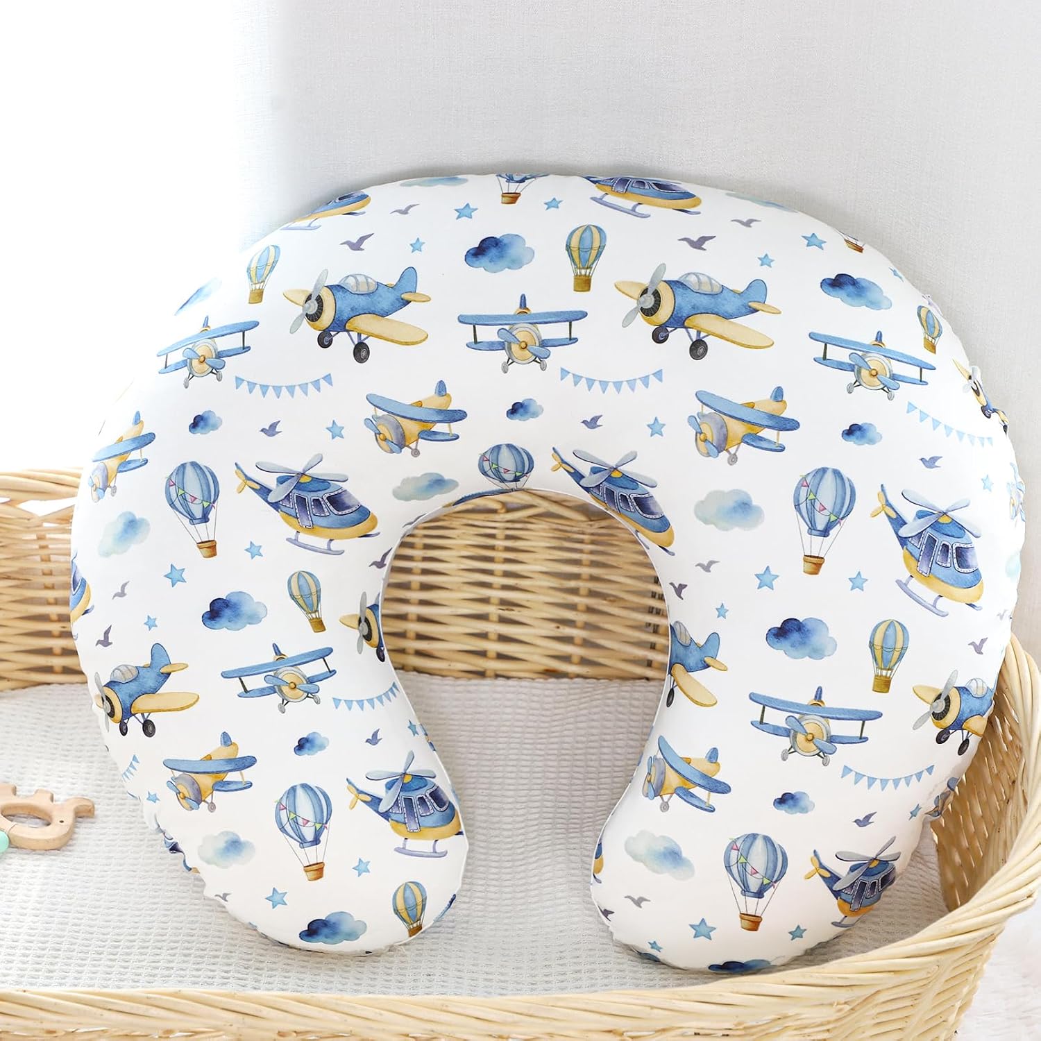Nursing Pillow Cover, Breastfeeding Pillow Cover for Baby Girls Boys, Soft Stretchy Nursing Pillowcase for Infant Newborn, Removable Slipcover for Nursing Pillows, Blue Airplane(Only Cover)