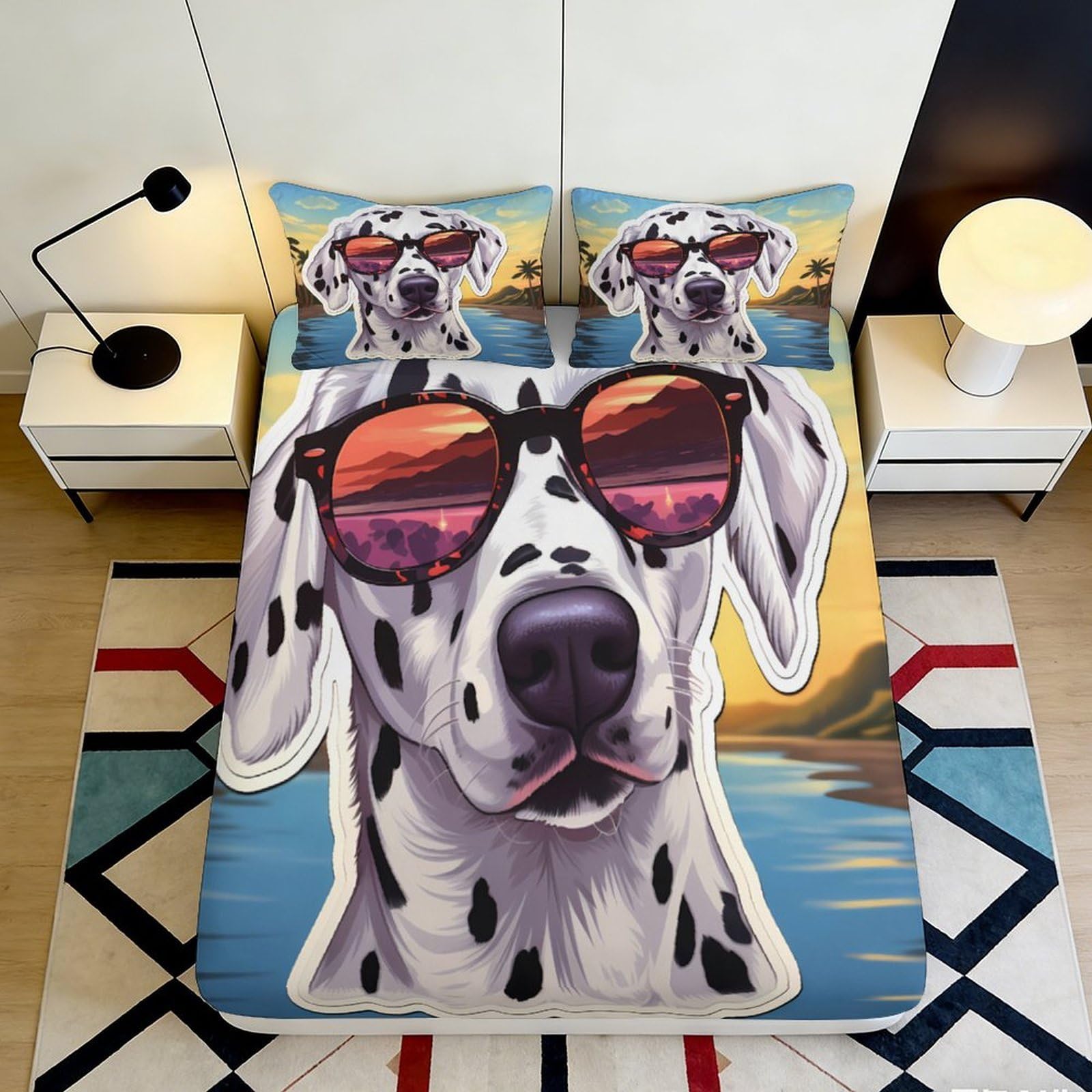 Jqzkxnhpbr Style-8 3D Printed Dalmatian Dog Fitted Sheet Microfiber Cool Sunglasses Bed Cover For Bedroom Dorm Mattress Decor Machine Washable 90X200x25cm