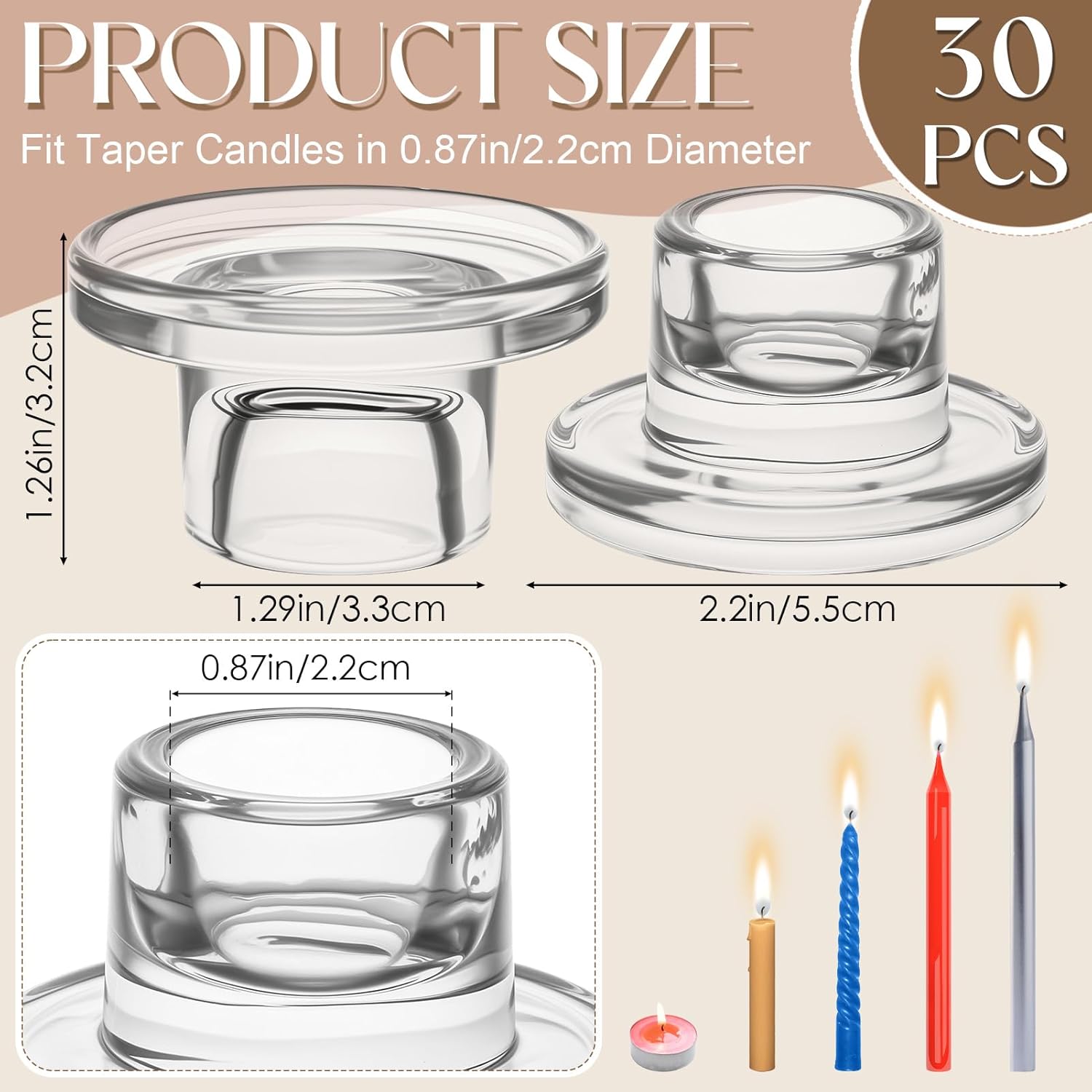 30 Pcs Glass Taper Candle Holders Candlestick Holders Clear Short Tapered Candle Holder Bulk, Elegant Glass Candle Sticks Set for Wedding Christmas Table Centerpiece