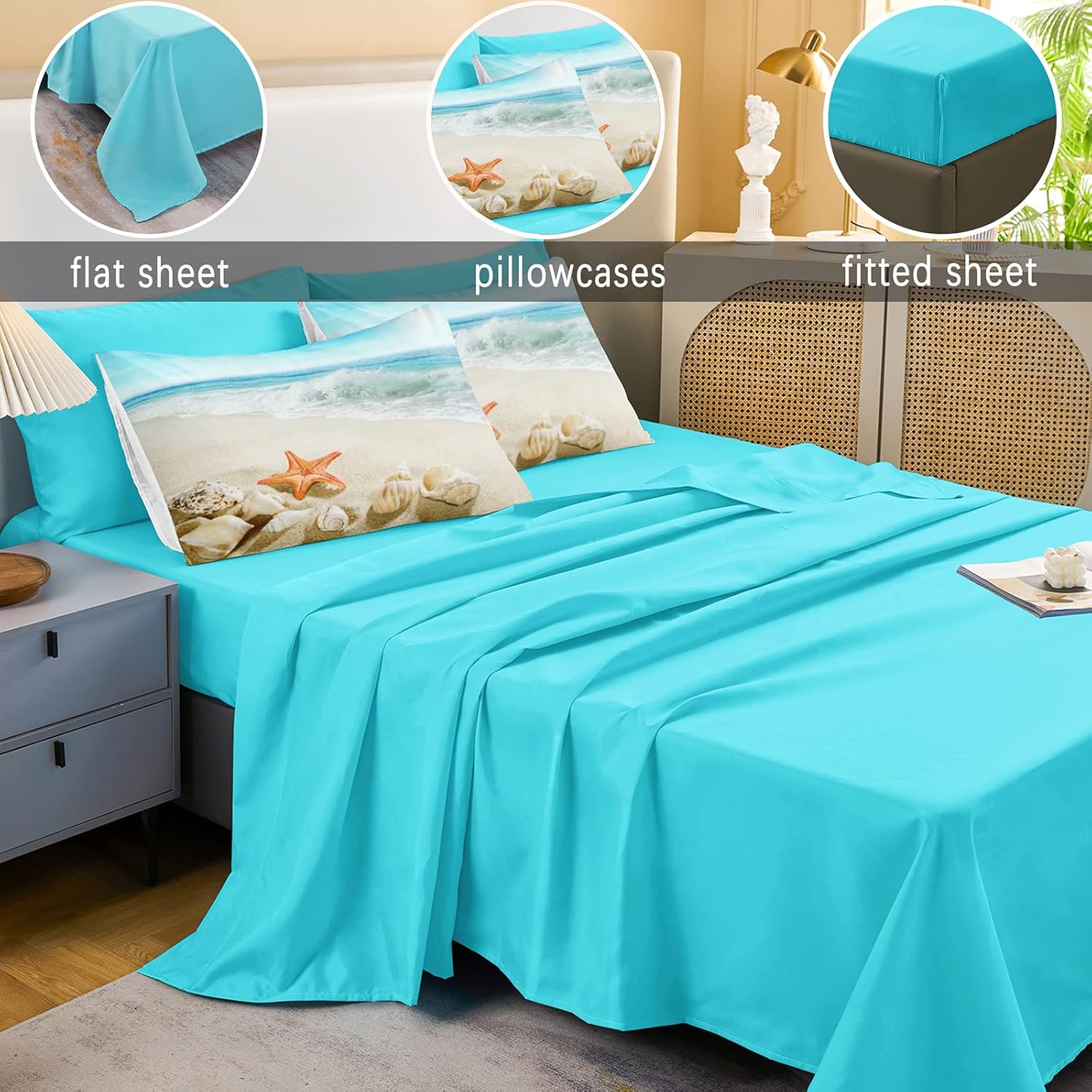 Bedbay Coastal Bedding Girls Boys Full Size Comforter Set with Sheets Beach Themed Bedding Set Ocean Comforter Turquoise Bed Set Full Size Bed in a Bag 8 Pcs Summer Lightweight Comforter(Aqua,Full)