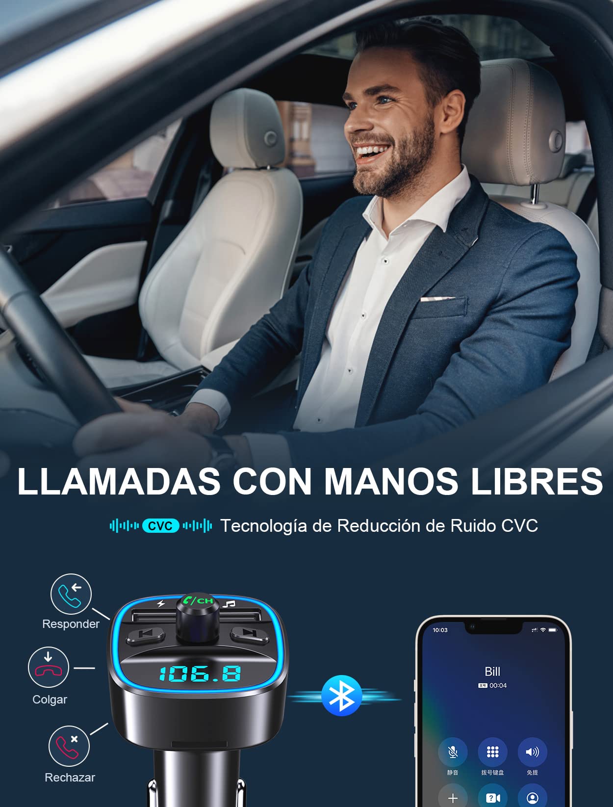 Mohard Transmisor FM Bluetooth 5.3 Coche, Todo Metal con Anillo LED, Cargador Rápido PD30W+QC3.0, Manos Libres con Cancelación de Ruido, Soporte USB/TF, Audio Hi-Fi