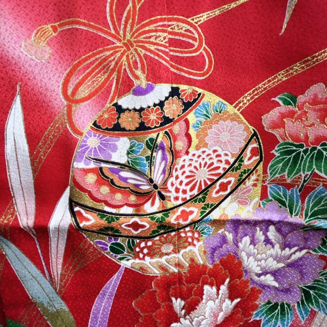 セット七五三 7歳女の子長着＆袖なし長襦袢＆帯＆小物 赤 地紋 金