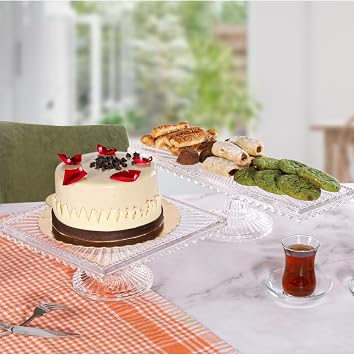 Linea Model Cam Ayakl  Kare ve Dikd rtgen 2li Kek ve Pasta Sunumluk,  effaf