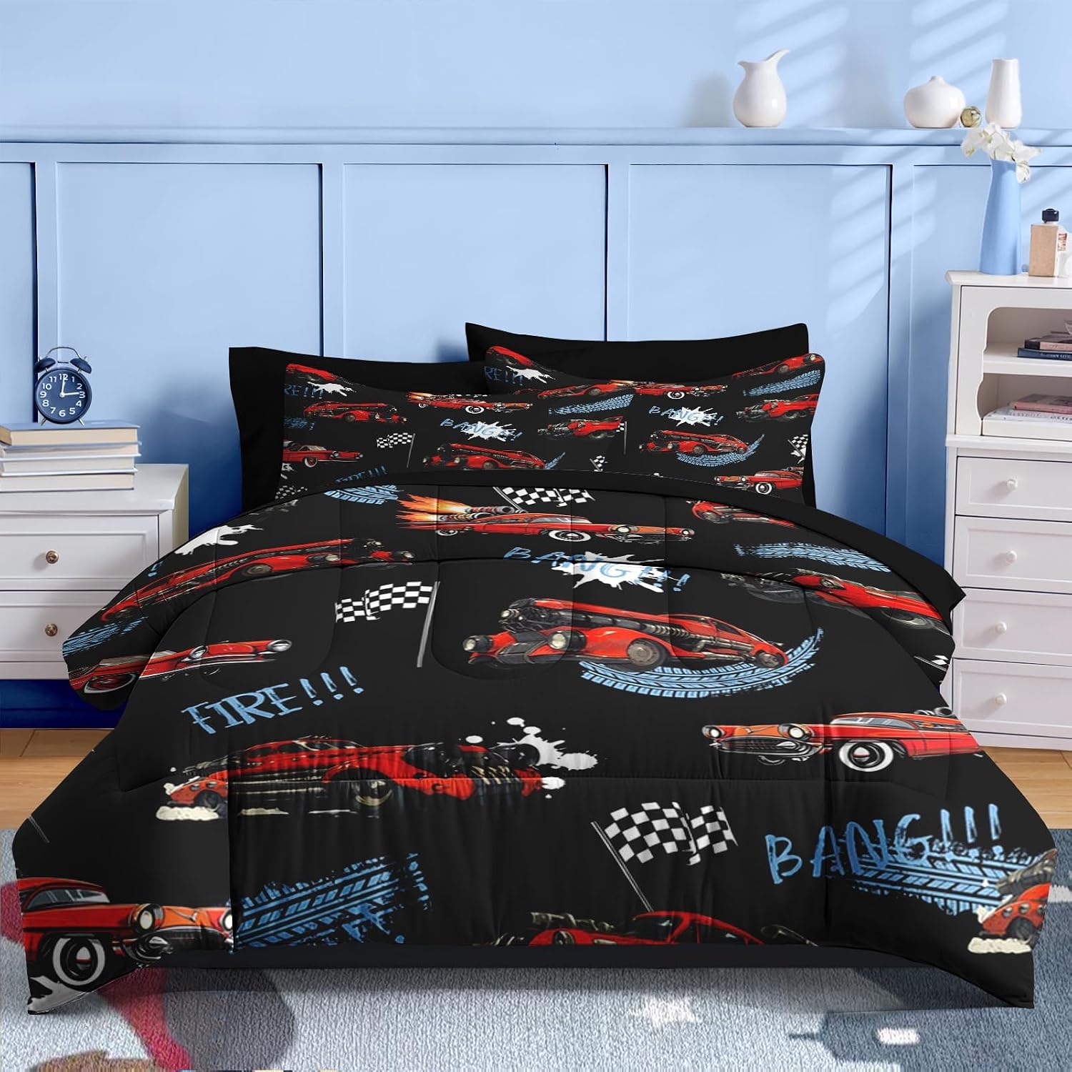 Nesker 7 Pcs Car Comforter Set Queen Size, Rad Race Car Vintage Boys Bedding Black Bed in a Bag for Kids and Adults, Retro Cool Truck Bed Sheet Sets with Fitted Sheet 2 Pillowcases & 2 Shams