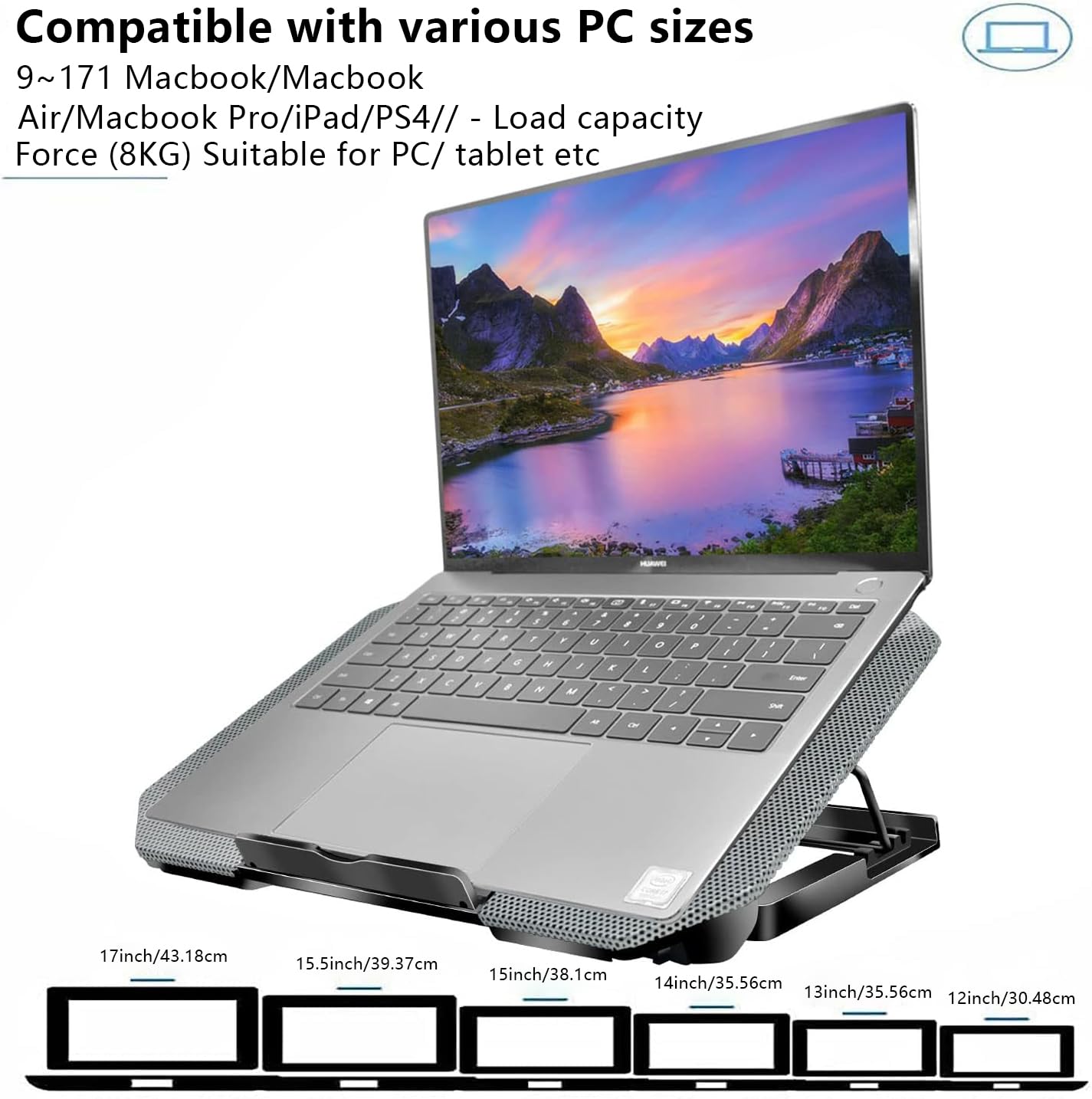 Laptop-Kühlpad, Kühlmatte mit 2 leisen Lüftern, LED-Leuchten und 2 USB-Anschlüssen, 5 Höhen und mit einstellbarer Geschwindigkeitshalterung, Metallgitter-Design, für 9-17 Zoll Laptops (Silber)