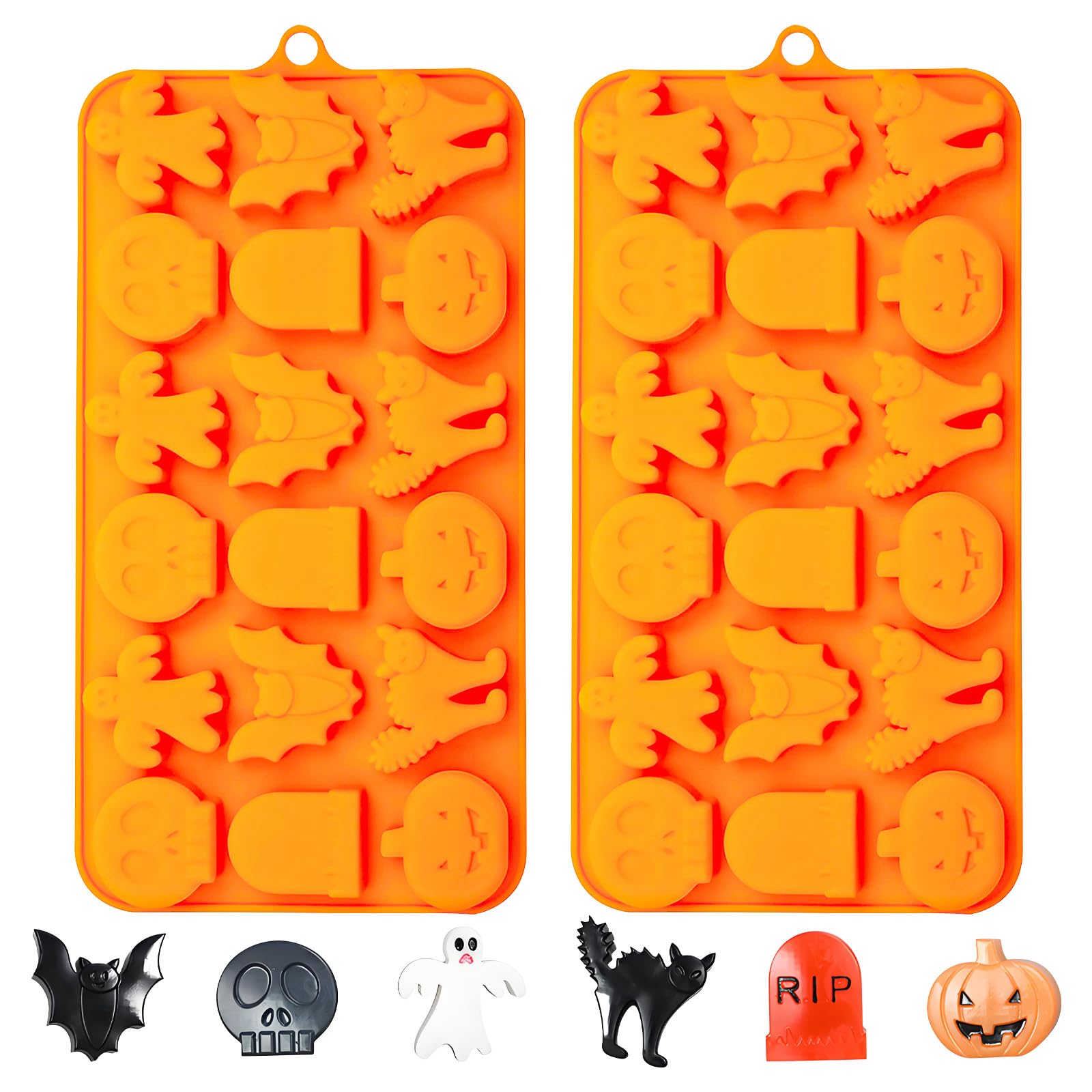 Halloween Silikon-Schokoladenform, 2er-Set, 18 Kavitäten | Kürbis, Fledermaus, Geist, 8,74 x 4,53 Zoll, Für Süßigkeiten & Eis, Lebensmittelecht, Wiederverwendbar