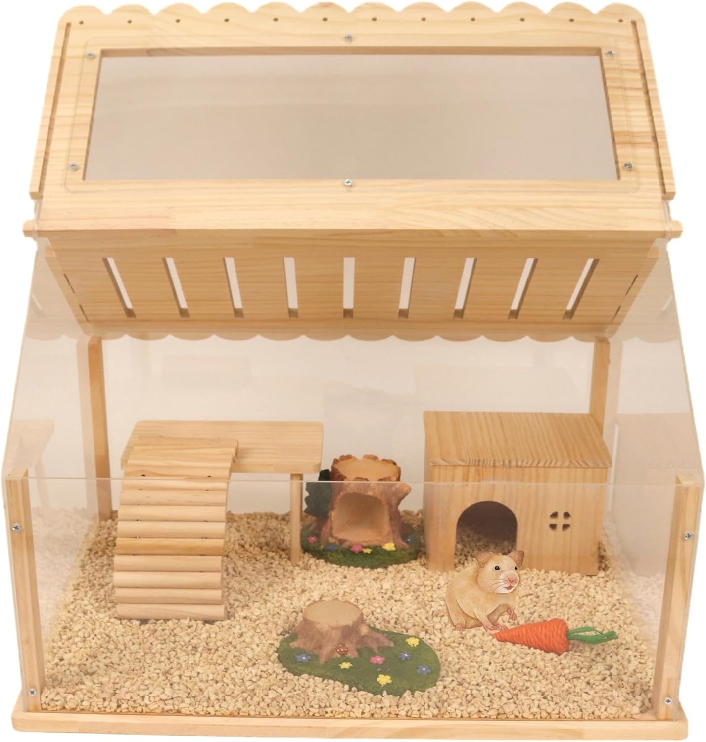 Large Transparent Wooden Small Animal Cage, Hamster Cage with Openable