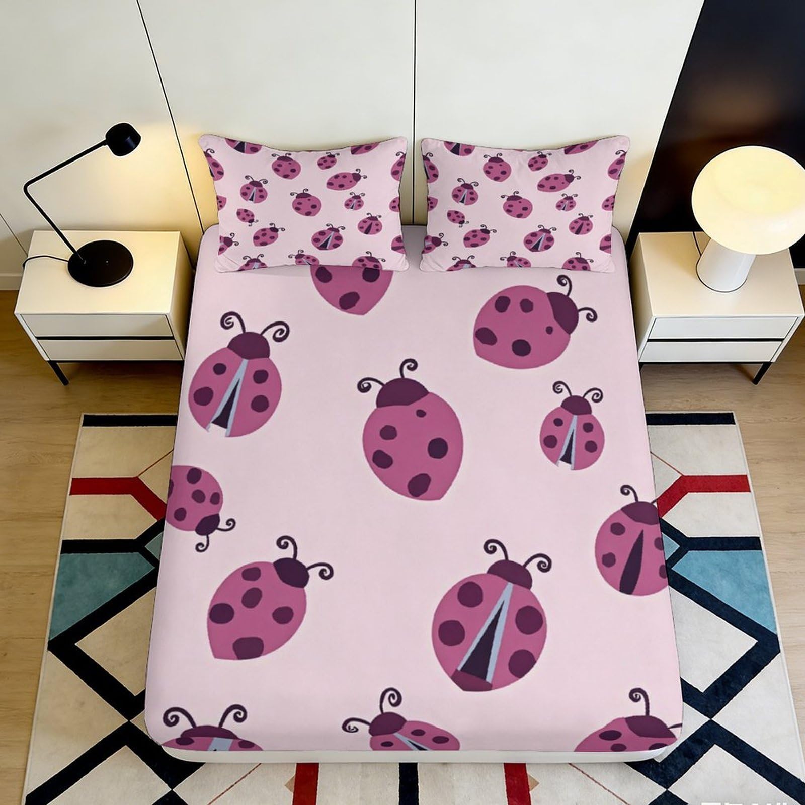 Pnayamiorkfel Style-5 3D Printed Pink Ladybug Fitted Sheet Microfiber Soft Breathable Cartoon Insect Bed Cover For Bedroom Guest Room Decor 90X200x25cm