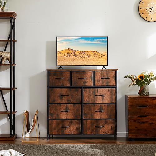 Miniatura 7 de DUMOS Dresser for Bedroom, Storage Organizer with 9 Drawers, Chest of Drawers with Fabric Bins, Sturdy Metal Frame, Wood Tabletop for Guest Room,