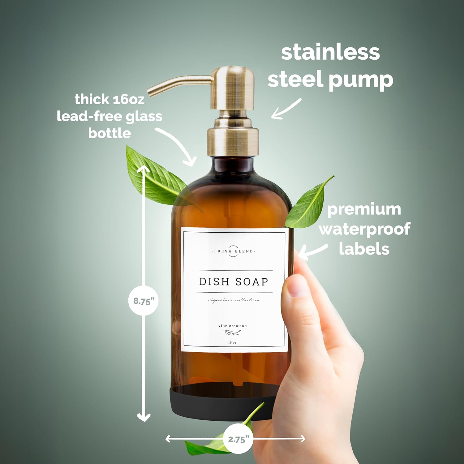 Vine Creations Amber Glass Soap Dispenser, 2 Pack Kitchen Soap Dispenser Set with Stainless Steel Pump, 16 oz Dish Soap and Hand Soap Dispensers for Bathroom with Waterproof Labels and Protective Pads - Image 6