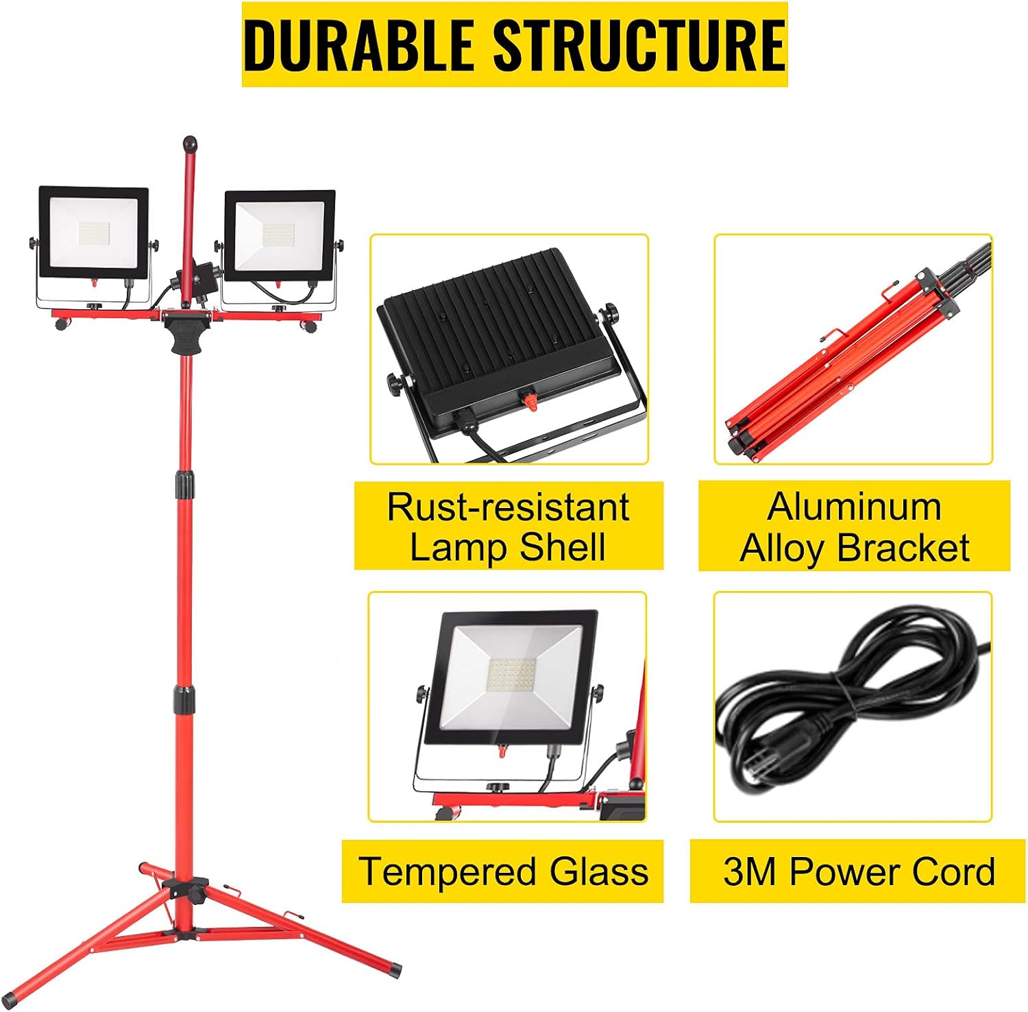 VEVOR LED Work Light with Stand, 15000 Lumen Dual-head LED Work Light with 27.6"-68.1" Adjustable and Foldable Tripod Stand, IP65 Waterproofed LED Tripod Work Light, with 5000 Kelvin Color Temperature