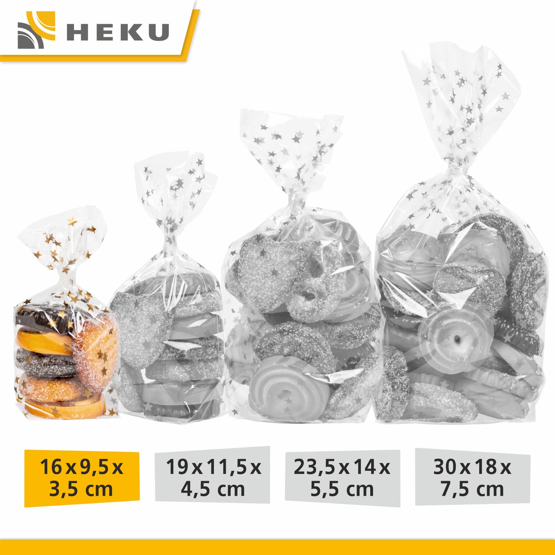 HEKU 1000er Packung Transparente Bodenbeutel mit goldenen Sternen 160x95x35mm I Stabiler Kreuzboden I Reißfestes Polypropylen Material I Ideal für Weihnachten & selbstgebackene Plätzchen