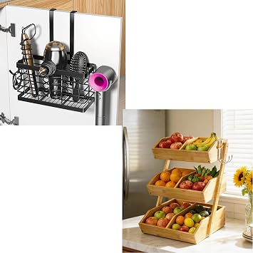 Sevenblue 3 Tier Wooden Fruit Basket with 2 Mobile Banana Holders, 3-in-1 Metal Universal Hair Tool Organizer Wall Mounted/Over Cabinet Door