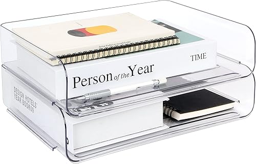 Paquete de 2 bandejas apilables de papel para escritorio, organizador de archivos de plástico transparente A4, organizador de documentos de