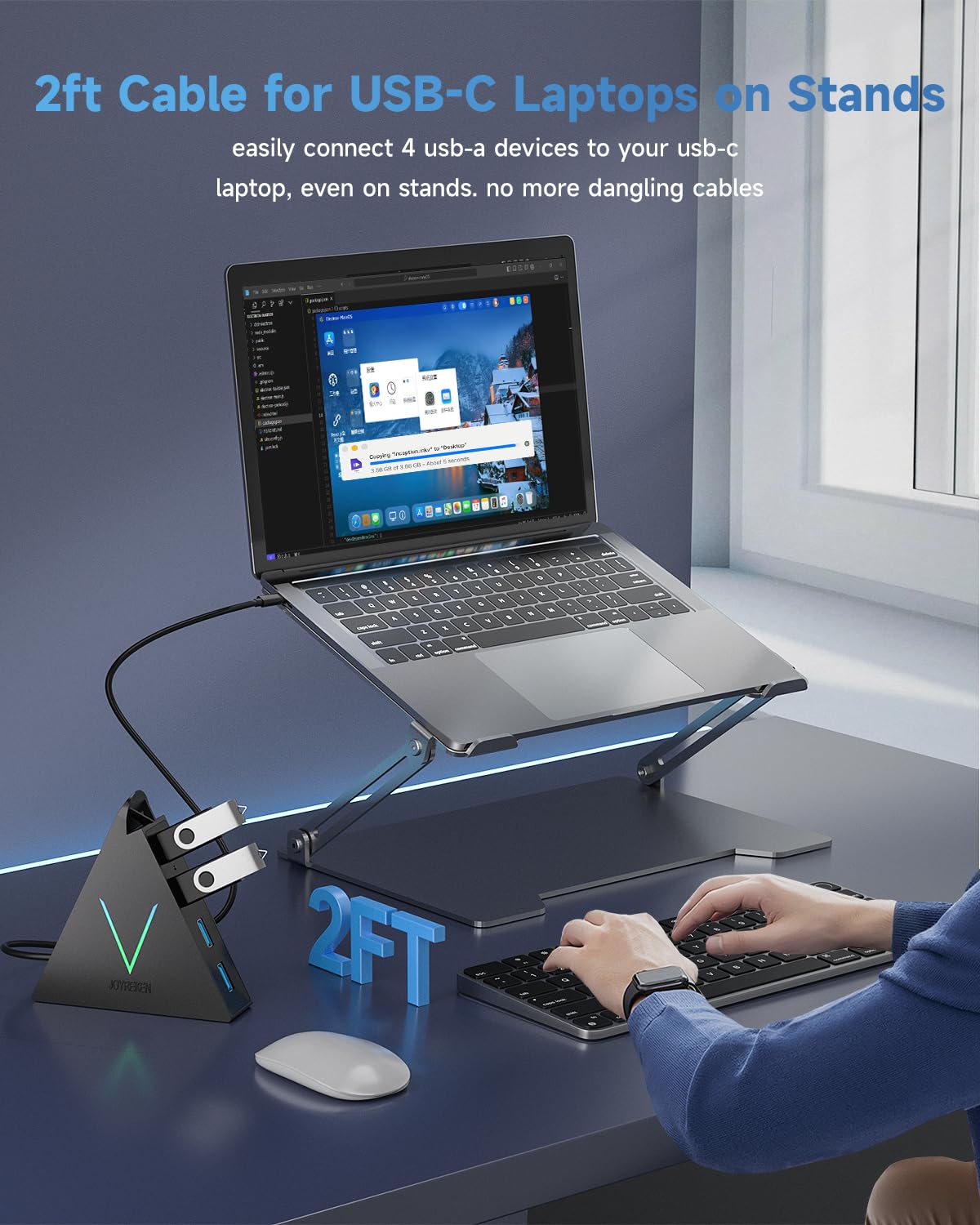 JoyReken USB 3.0 Hub,4 Port USB Hub Tower,2ft Cable USB Splitter for PC, Xbox One, PS4, PS5, iMac, Surface Pro, XPS, Laptop, Desktop, Flash Drive, Mobile HDD (Green)