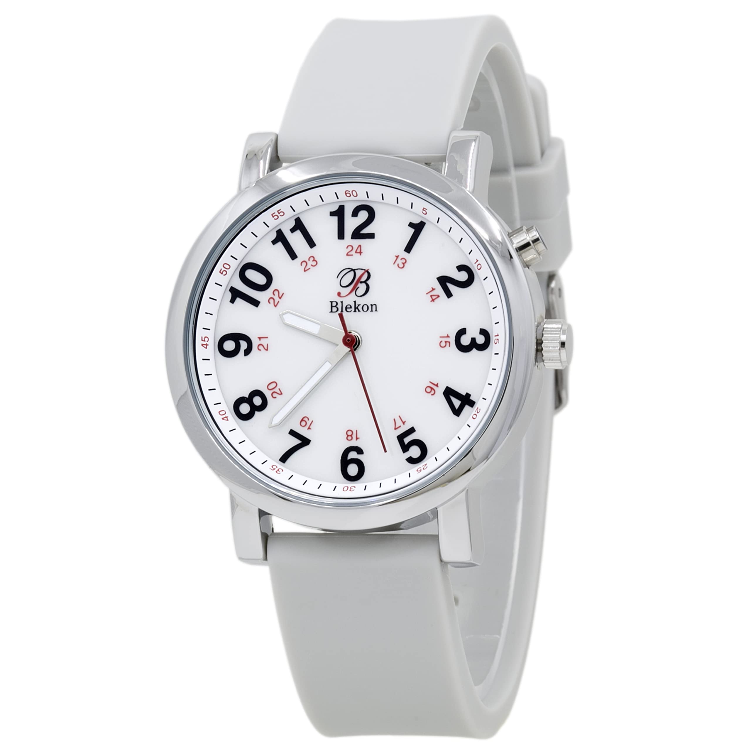 Blekon Original Light Up Dial Nurse Watch – Various Medical Scrub Colors, Easy to Read, Military Time with Second Hand, Silicone Band, Water Resistant Watch LightGray