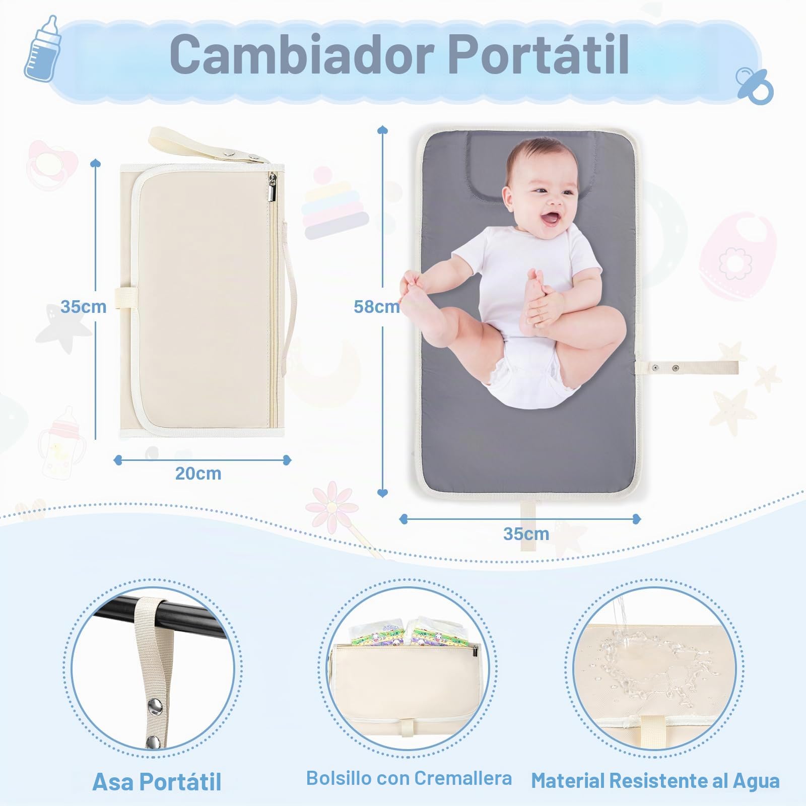 RAINSMORE Mochilas para Pañales Mochila Carro Bebe Multifuncional Mochila Cambiador con Cambiador Bebe Portatil para Mamá y Papá Blanco