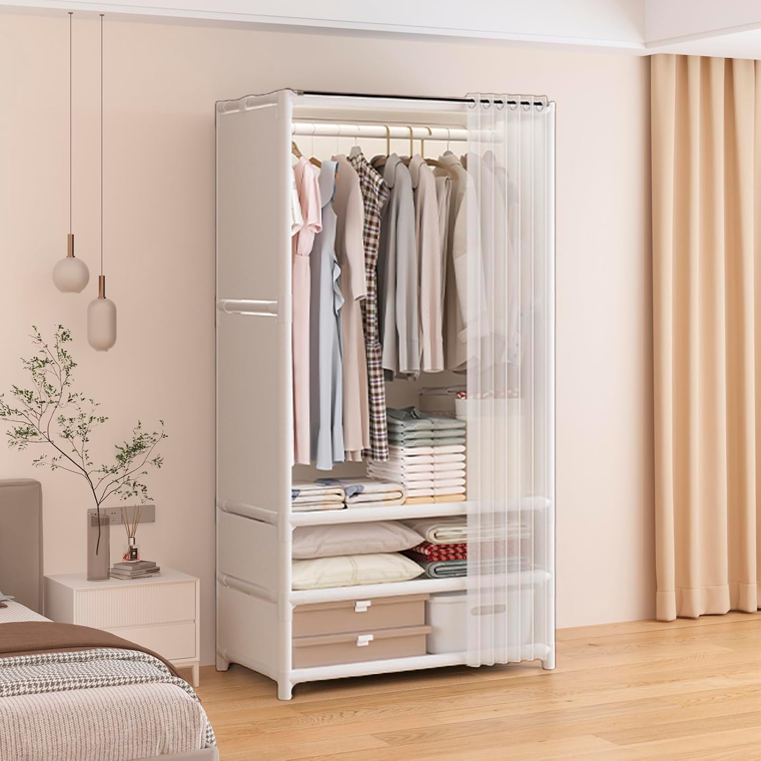 Portable Closet,Portable Closets for Hanging Clothes,Japanese Style Wardrobe with 1 Hanging Rods,2 Storage Shelves,27.5" L x 17.7" W x 65.1" H,White