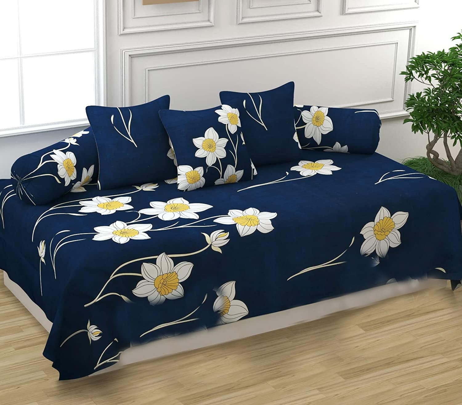 220 TC Diwan Set Covers Polycotton 6 Pieces Pure Cotton Designer Printed Standard Diwan Set (1 Single Bedsheet, 2 Bolster Covers, 3 Cushion Covers) Blyue Yellow-image-2