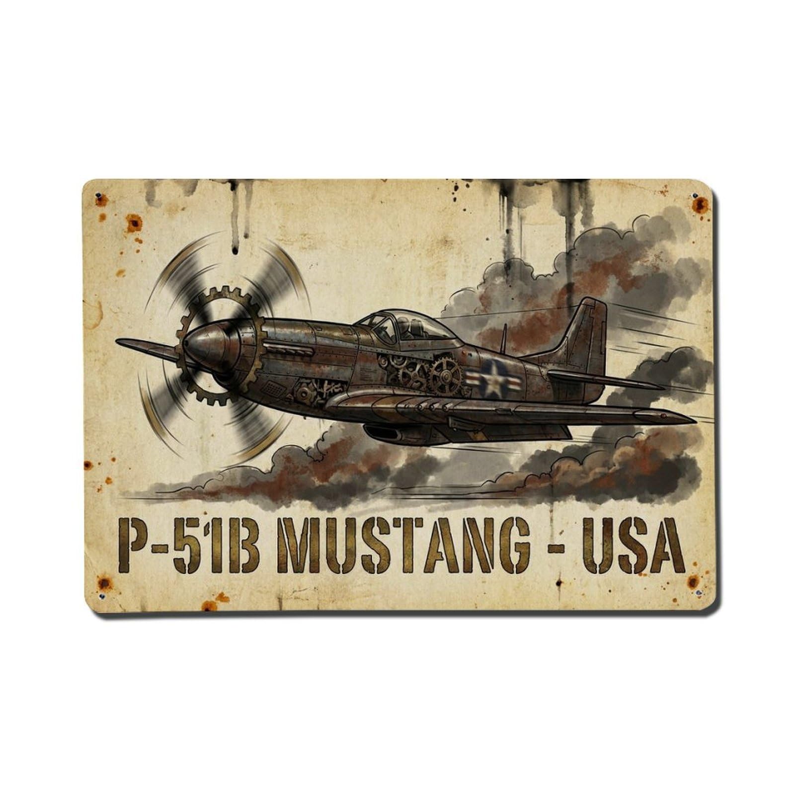 Military Aviation P-51B Mustang Mechanical Punk Metal Tin Sign Plaque Wall Decor for Cafe, Man Cave, Club Bar, Office, Home Garden Round Metal Poster 8x12Inch