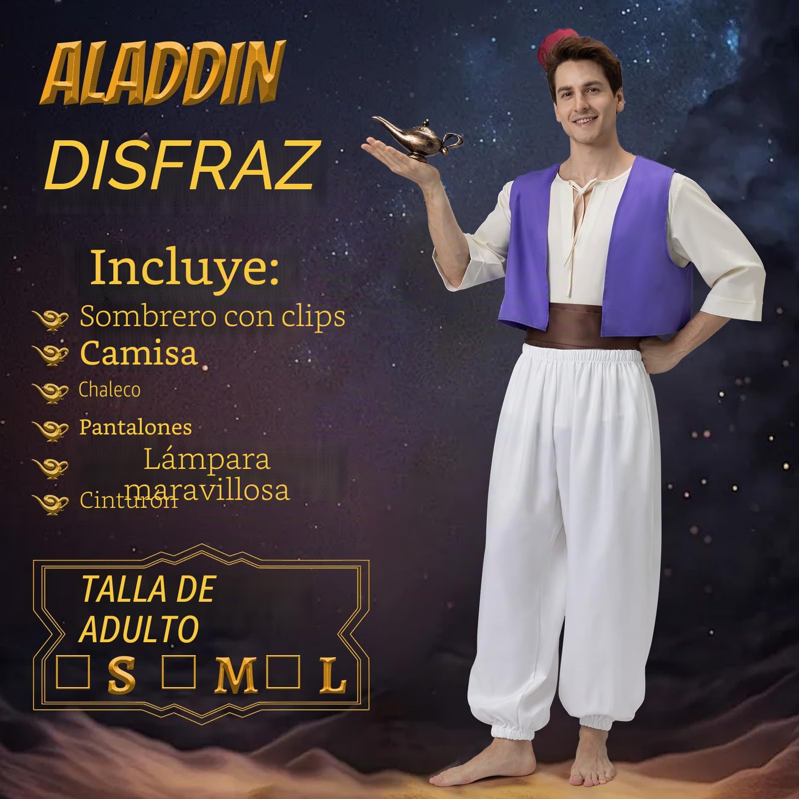 Joellfuner Disfraz Aladino Adulto, Disfraz Aladino Lampara Hombre, Disfraz Principe Arabe Hombre con Lampara Aladdin, Chaleco, Camisas, Sombreros, Pantalones para Fiesta Disfraces de Carnaval