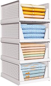 TidyIsles 4 Unidades de Organizador Armario Plegables y Apilables, Cajonera Organizadores de Plastico y Separadores, Plástico de Ropa Almacenamiento y Organización para Dormitorio y Baño, Blanco