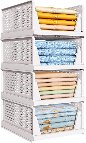 TidyIsles 4 Unidades de Organizador Armario Plegables y Apilables, Cajonera Organizadores de Plastico y Separadores, Plástico de Ropa Almacenamiento y Organización para Dormitorio y Baño, Blanco