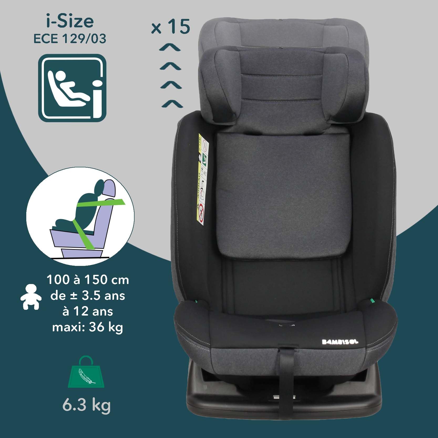 Bambisol - Siège Auto Evolutif - i-Size 40-150 de la naissance à 150 cm (36 kg) - Convient à toutes Voitures - ECE129/03 - Textile Déhoussable Lavable - Appui-tête Ajustable - Harnais 5 points